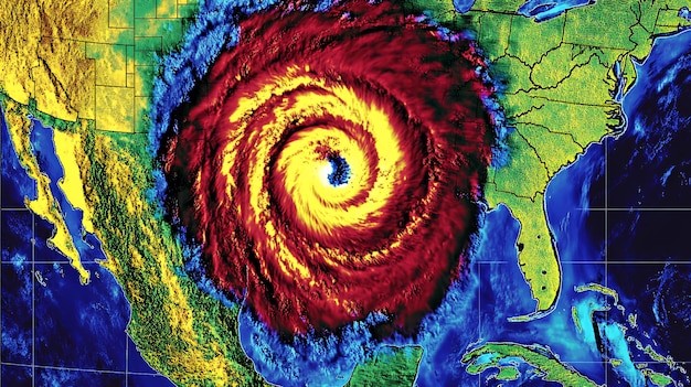 Map of the United States with specific states highlighted in red, indicating the 27 states under severe storm warning, with weather radar overlays showing storm cells.