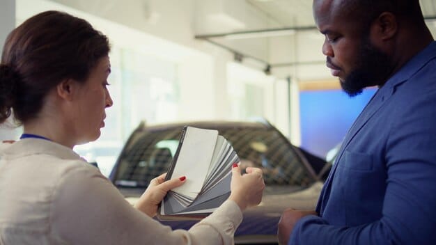A car owner reviewing recall documentation and service records at a dealership, emphasizing communication and resolution.