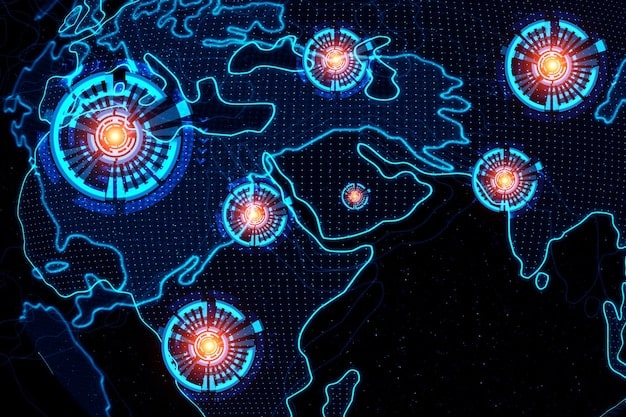 A detailed, futuristic map of global internet connections with highlighted areas indicating cyberattack origins and targets, symbolizing international digital warfare and interconnectedness.