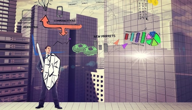 A digital illustration showing various economic indicators on a screen, with some arrows pointing down and a protective shield overlaying them, symbolizing economic impact and resilience efforts.