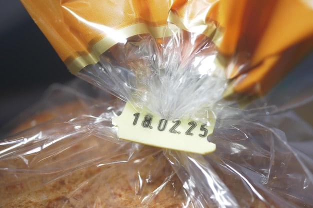 A clear, close-up image of a specific food product package with a warning label overlayed, highlighting details like batch number and expiration date, set against a blurred kitchen background.