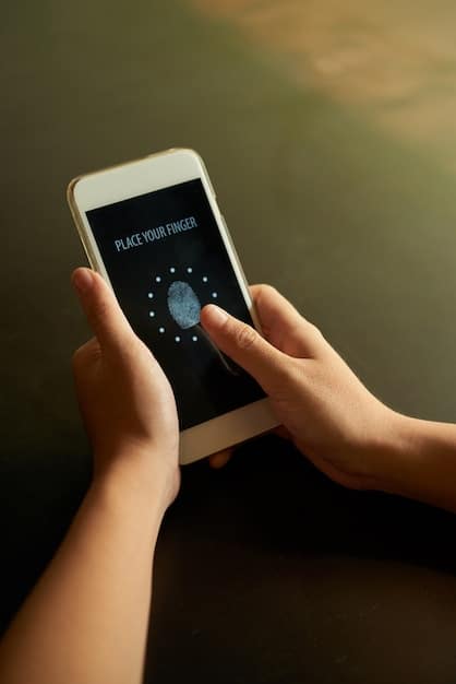 A close-up shot of a hand holding a smartphone, where the screen displays a secure banking app interface with a green checkmark, while in the background, blurred binary code and padlock icons float, symbolizing digital security.
