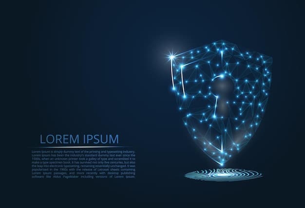A diagram depicting interconnected nodes and lines, representing a secure network, with a glowing shield icon at the center, signifying robust cybersecurity infrastructure protecting digital assets.