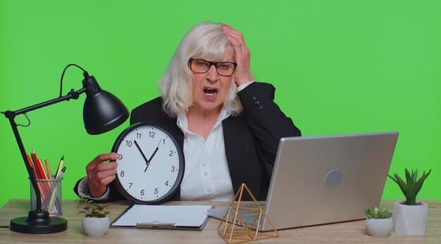 A stressed-looking professional hunched over a laptop, surrounded by overflowing papers, with a clock prominently in the background indicating late hours.