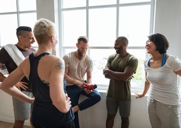 A group of diverse colleagues engaged in a mindful team activity, perhaps a standing meeting or light stretching in a collaborative workspace, conveying harmony and well-being.