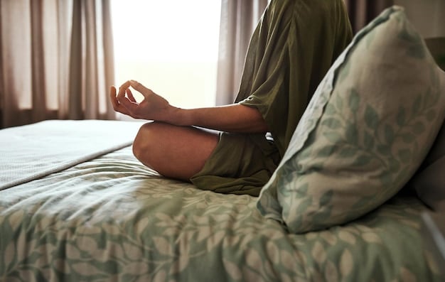 A calm person peacefully meditating in a softly lit bedroom, illustrating a pre-sleep wind-down activity. The room is tidy and inviting, with minimal distractions.