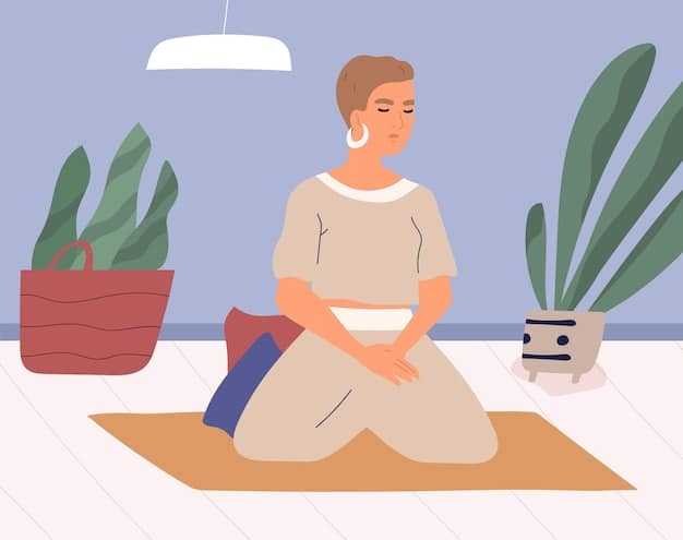 A calm person sitting cross-legged on a yoga mat in a minimalist room with soft natural light, illustrating a quiet space for meditation.