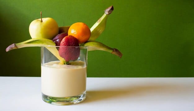 A vibrant bowl of fresh fruits (berries, apples, bananas) next to a glass of milk, illustrating natural sugar sources, contrasting with a blurred background of processed snacks.