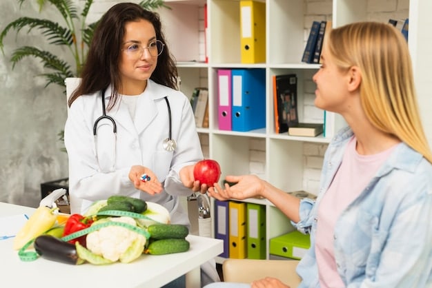 A doctor speaking with a patient, demonstrating a thoughtful and personalized discussion about dietary choices. The setting is clean and professional.