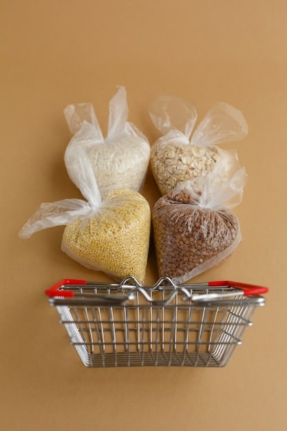 A diverse grocery cart filled with a mix of fresh produce, lean proteins, and whole grains. There's a subtle emphasis on fewer processed items.