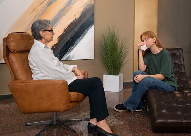A person talking to a therapist in a comforting office setting, symbolizing professional support for mental health conditions like SAD.