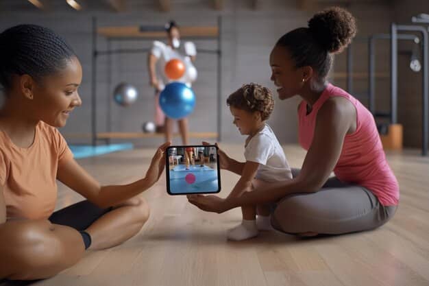 A diverse family interacting positively with a digital health app on a tablet, showcasing modern health management.
