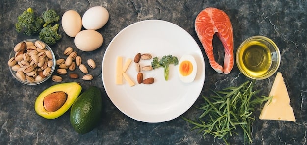 A balanced plate featuring an array of omega-3 rich foods: a perfectly cooked salmon fillet, a bowl of chia seeds, walnuts scattered, and a bottle of fish oil supplements in the background, signifying both dietary and supplemental sources of omega-3s.