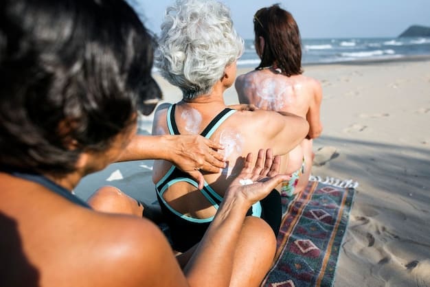 A diverse group of people of various ages and skin tones applying sunscreen outdoors, depicting different application methods like spray and lotion, in a bright, sunny park setting.