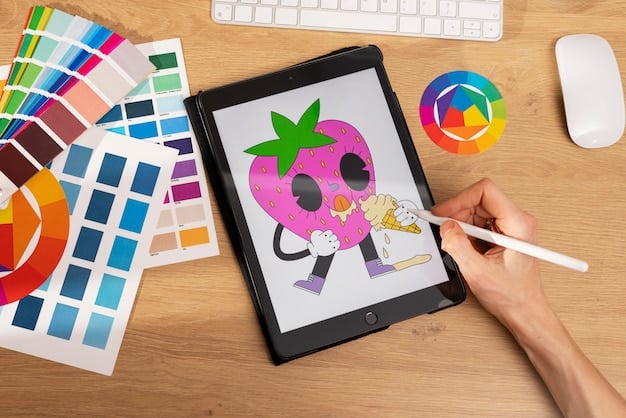 A person sketching a logo on a tablet, surrounded by design tools and color swatches, illustrating graphic design work.