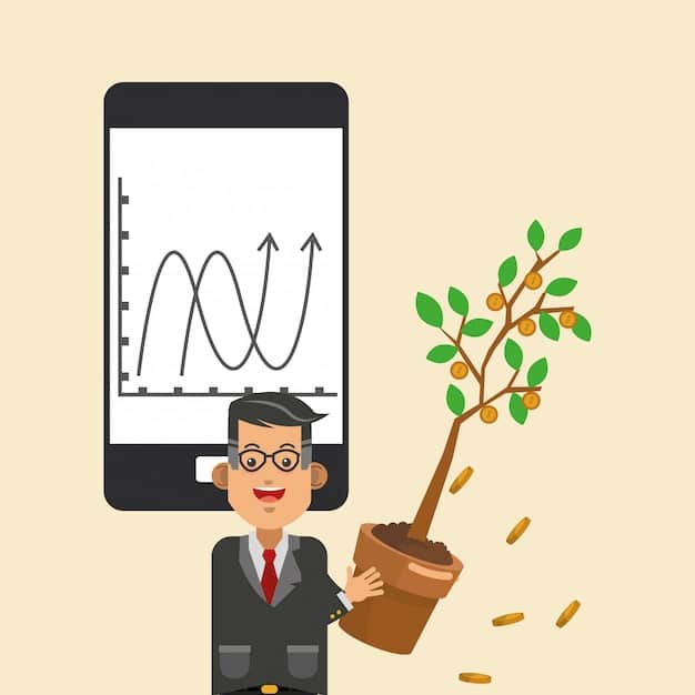 A person looking at a savings account statement on their phone, showing a significantly increased balance, with a small plant in the foreground, symbolizing financial growth and stability.