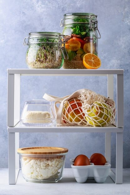 A neat pantry with clear, airtight containers of grains and dried goods, and a well-organized refrigerator showing properly stored fruits and vegetables, highlighting effective food storage.