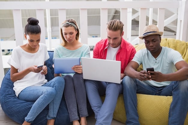 A diverse group of people, young and old, engaging with various digital devices such as laptops, tablets, and smartphones, emphasizing digital inclusion and access.
