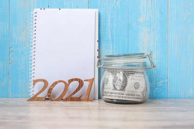 A stack of coins and dollar bills on a desk with a calendar zoomed in on the year 2025. The image indicates financial planning and future payments.