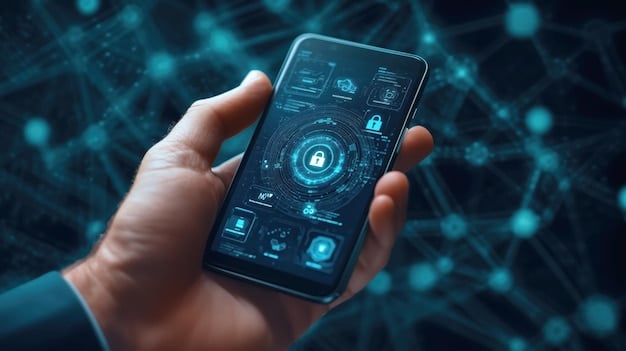 A close-up shot of a hand holding a smartphone with various security app icons displayed on the screen, indicating multi-factor authentication and secure browsing.