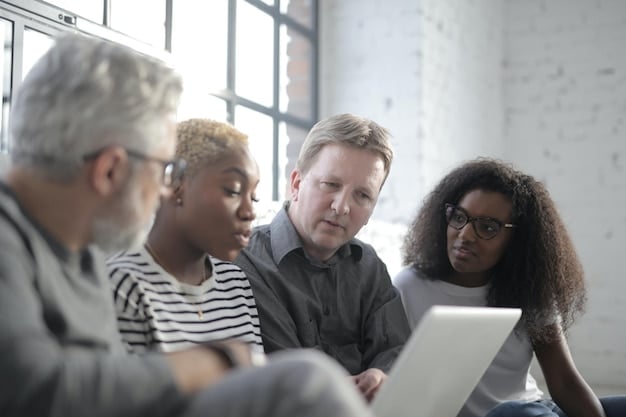 A diverse group of people, including seniors and younger individuals, gathered in a community center, attentively listening to a presentation about cybersecurity and fraud prevention.