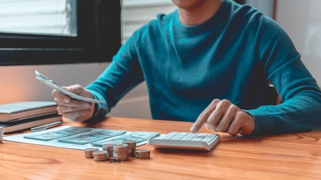 A person using a calculator with stacks of coins and bills next to it, symbolizing careful financial calculation and management to minimize expenses.