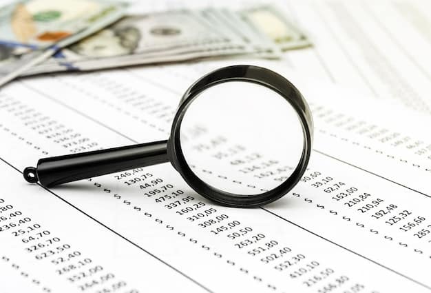 A detailed financial report with a magnifying glass over small numbers, representing the careful examination of fees and expenses in a retirement account.