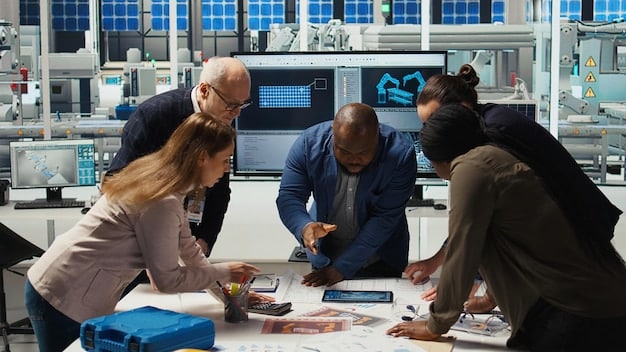 A diverse team of scientists and engineers in a modern lab, working collaboratively on an innovative tech project with complex equipment, symbolizing research funded by SBIR/STTR grants.
